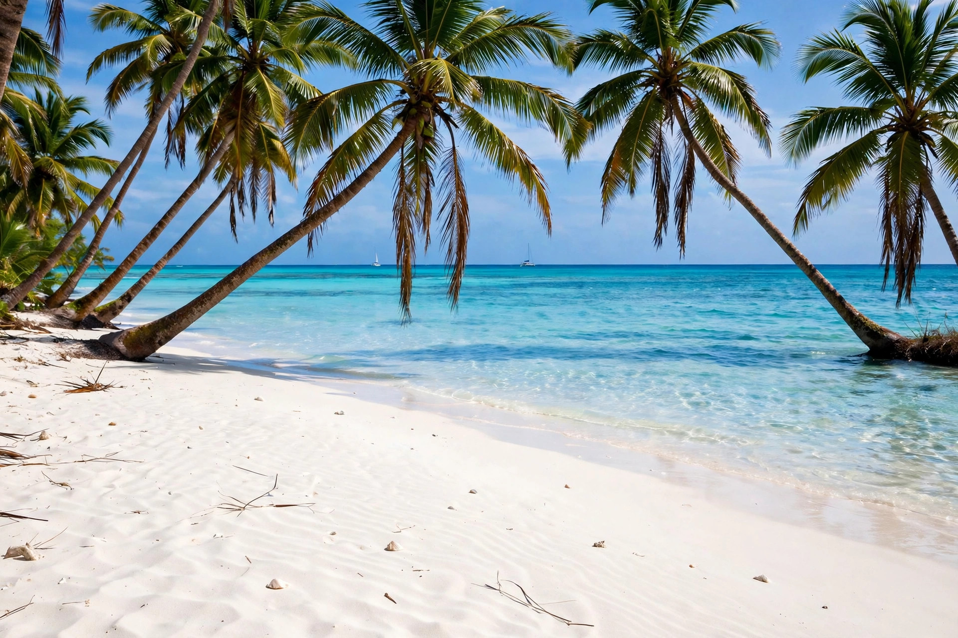 White sand beach with palms and turquoise sea