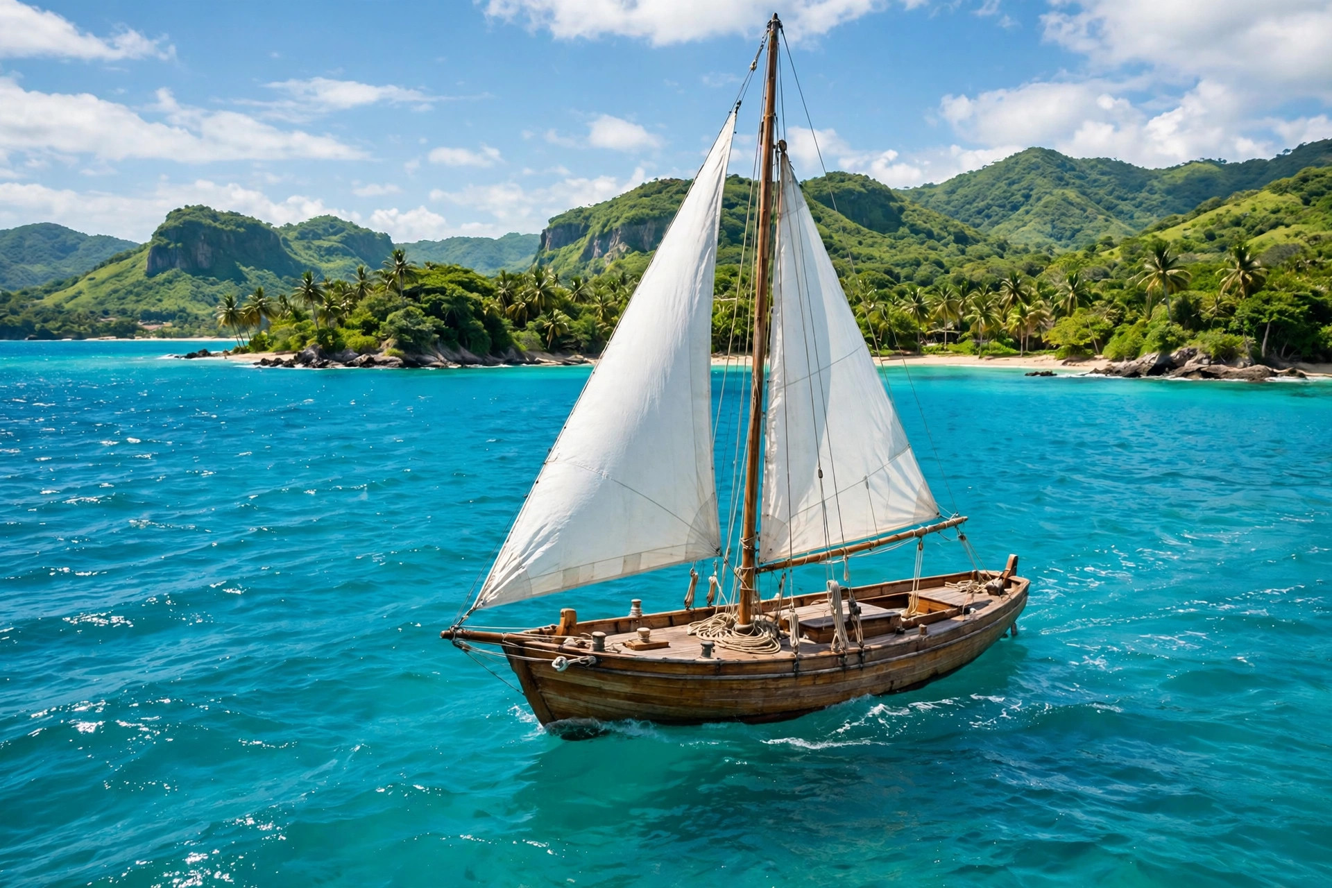 Sailboat gliding across turquoise water off Bequia